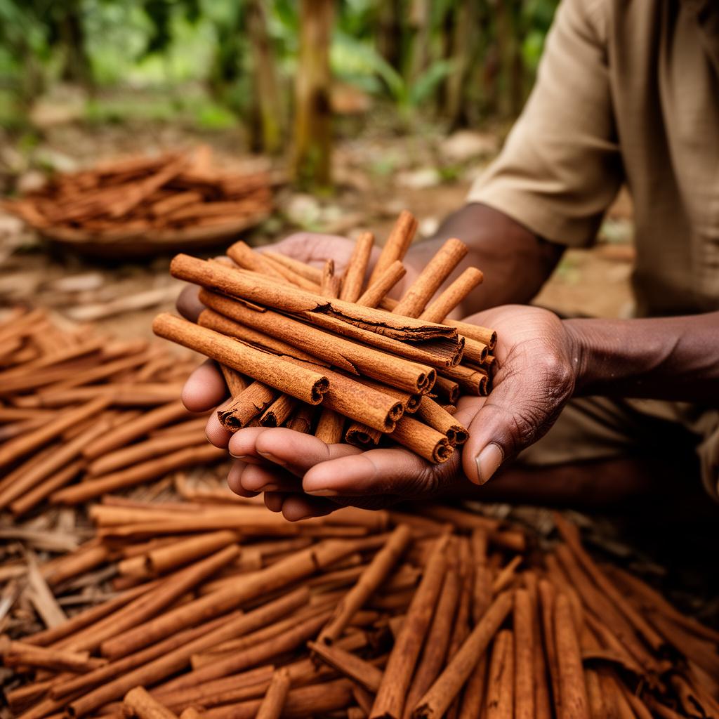 Sri Lankan farmer holding fresh Ceylon cinnamon quills